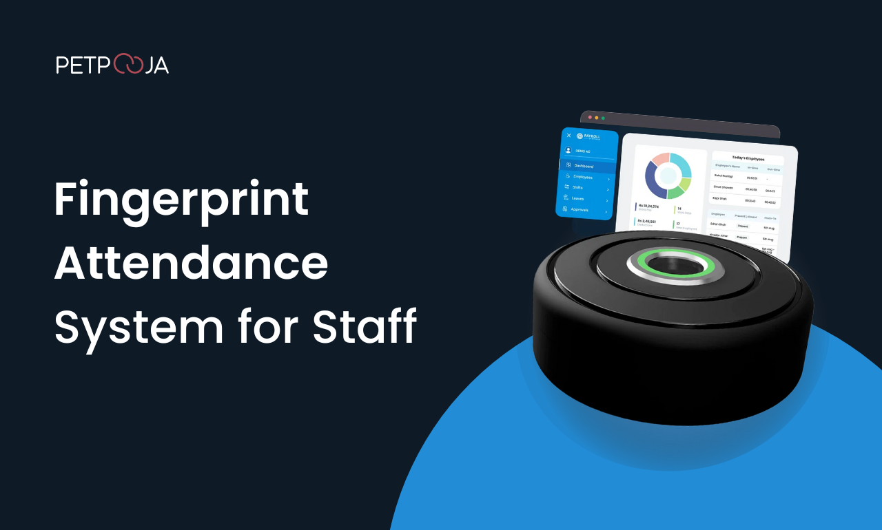 Petpooja fingerprint attendance system device with dashboard interface showing employee data and analytics charts
