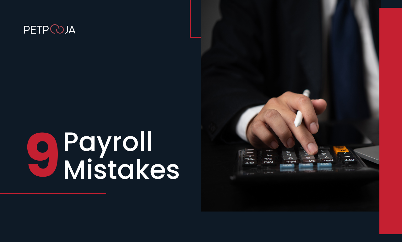 9 Common Payroll Mistakes That Cost Indian SMEs Thousands Business professional using calculator for payroll calculations with Petpooja 9 Payroll Mistakes guide overlay