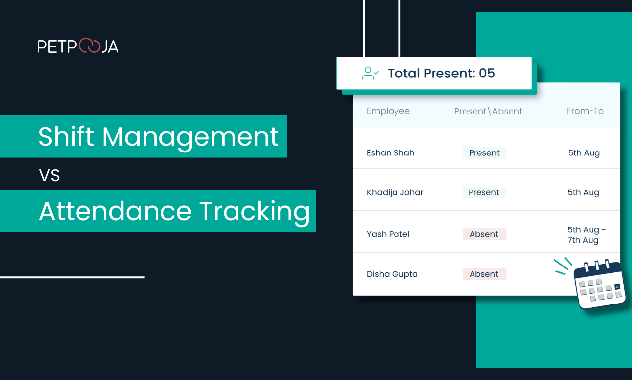 Petpooja shift management vs attendance tracking comparison showing employee dashboard with present/absent status and calendar integration
