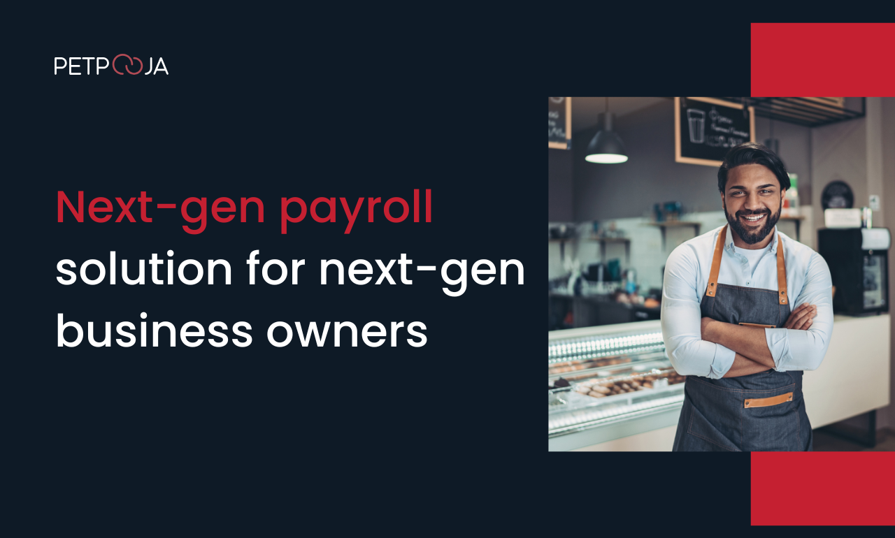 Confident business owner in apron standing in modern bakery cafe showcasing Petpooja next-gen payroll solution for small business owners