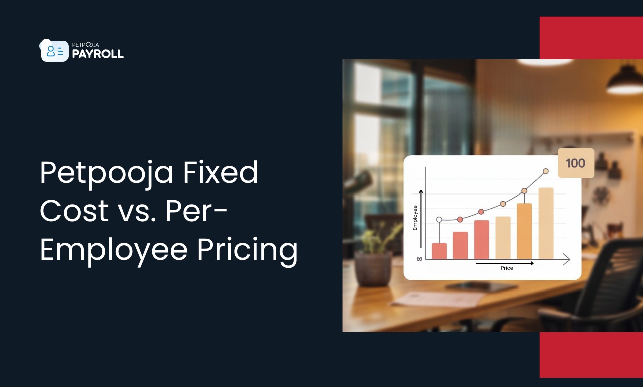 Petpooja Payroll comparison graphic showing “Fixed Cost vs. Per-Employee Pricing” for 100 employees, featuring a bar and line graph overlayed on an office background.