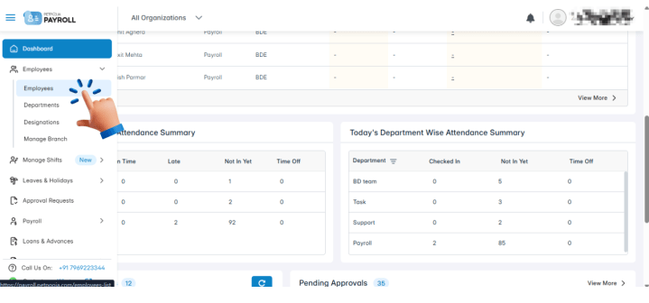 Petpooja Payroll dashboard showing navigation to the Employees section under Payroll menu for managing staff operations such as adding, importing, editing, or exporting employee data.