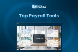 Top payroll tools dashboard showing salary, payslips, attendance, compliance, and analytics modules displayed on a laptop in a modern office