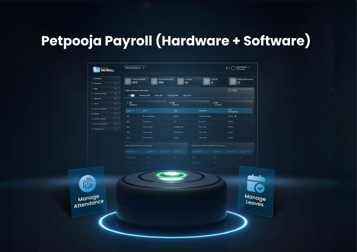 this graphic is "dashboard of petpooja payroll and biometric device of petpooja"